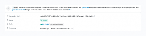 Первая атомная передача L1-to-L2 в Экономической зоне Ethereum стоит всего 0.001 ETH